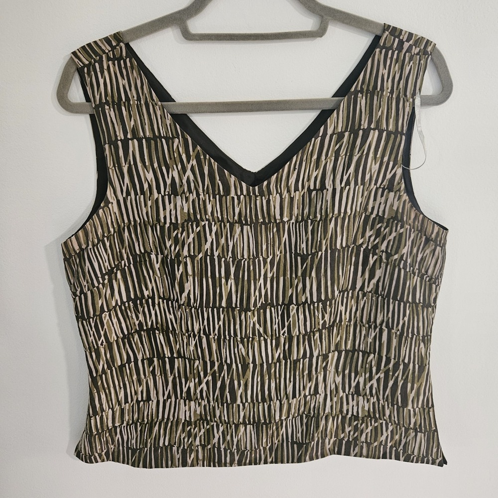 Vintage Robbie Bee Top 100% Silk Sz 12 Green Brown Pattern Shirt Tank Sleeveless - Picture 3 of 5